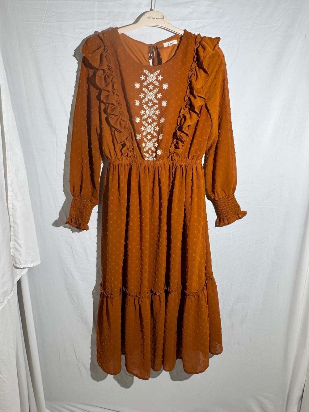 In Love Rust Orange Swiss Dot Tiered Midi Dress Womens Large L Embroidered Boho